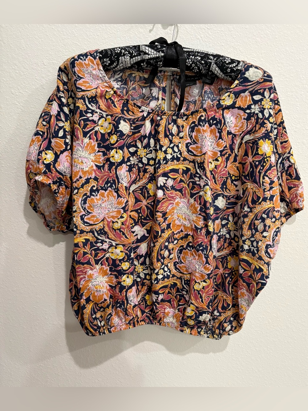 Tahari 100% Linen Floral Paisley Blouse Puff Sleeve Elastic Hem Top, Medium EUC